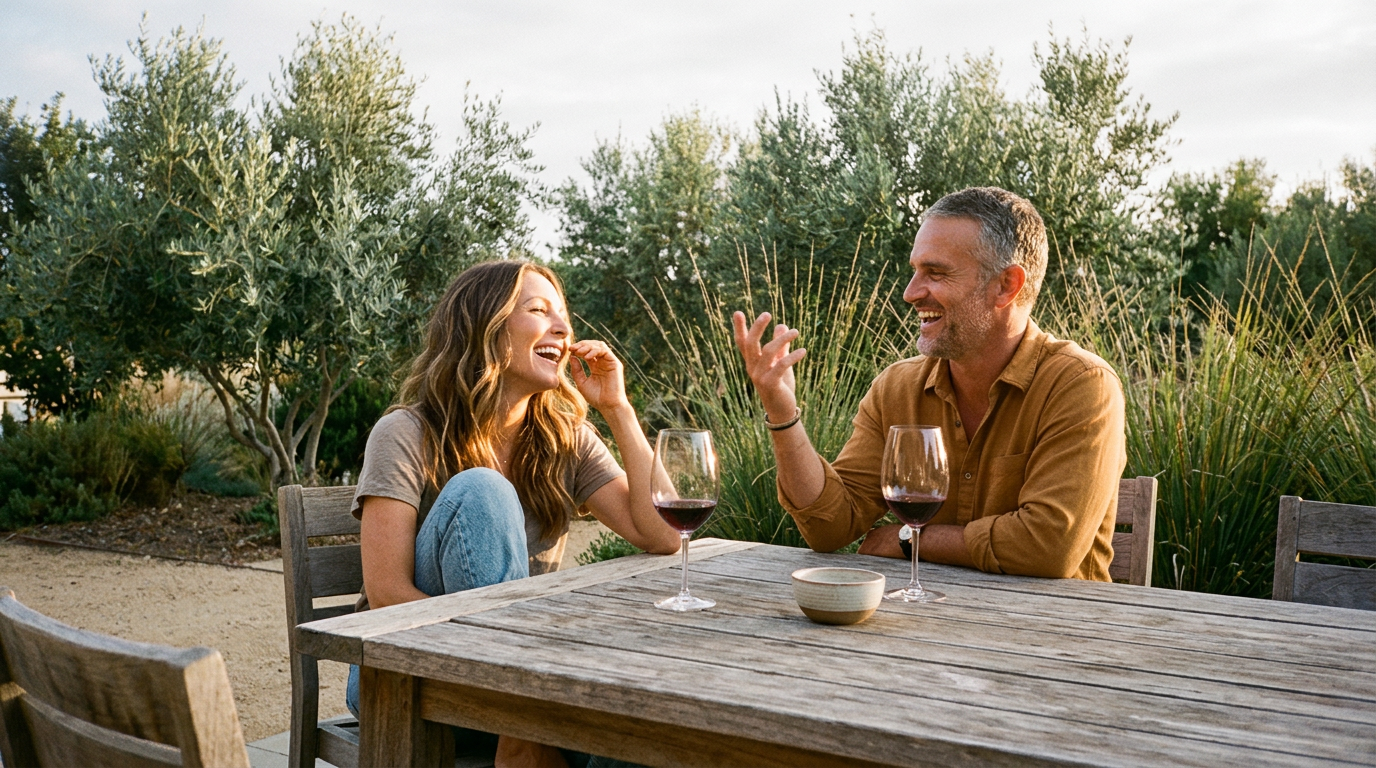 Couple at outdoor table, mid-laugh — full bleed 16:9