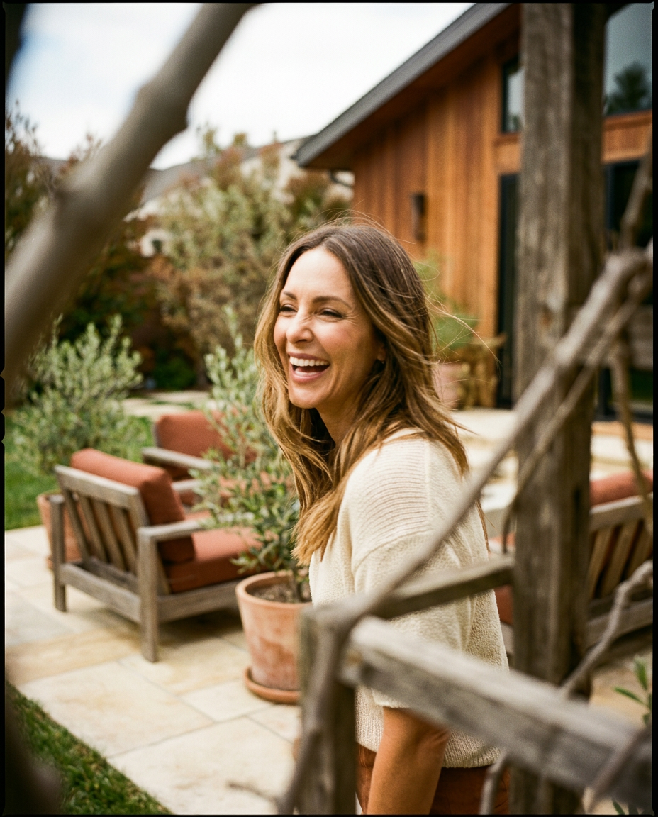 Her laughing outdoors through branches — 4:5 floating