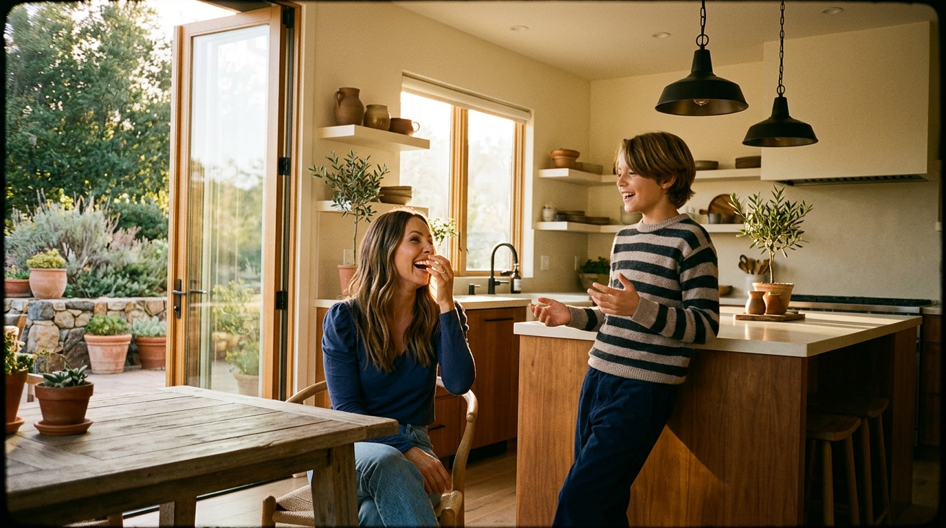 Her and the kid in the kitchen — full bleed 16:9