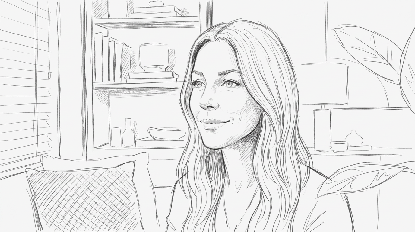 Close-up — her face, direct to camera, reflective