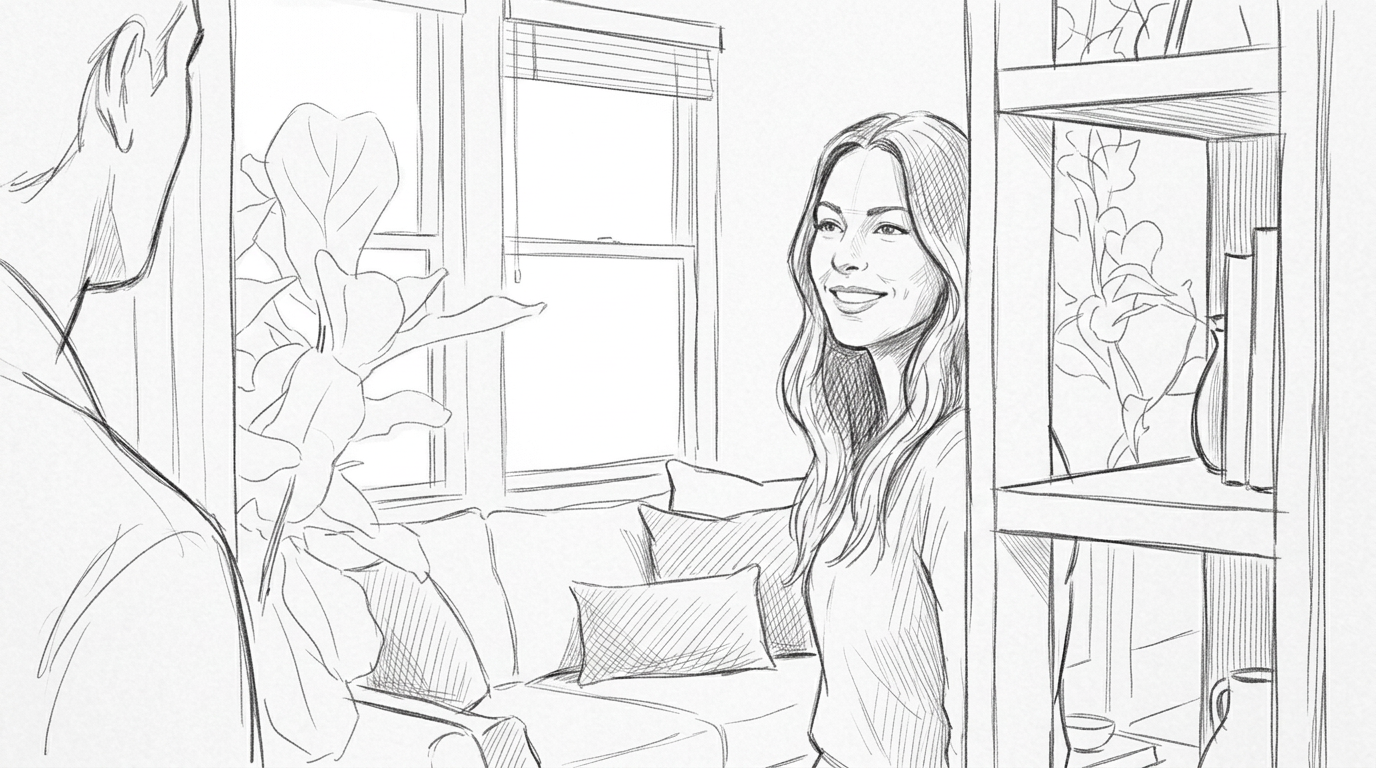 Her genuine smile — reaction to seeing him