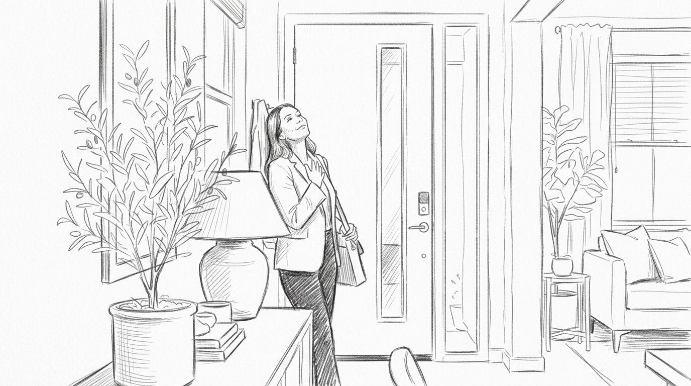 She walks in from work, leans into the doorframe, soaking it in