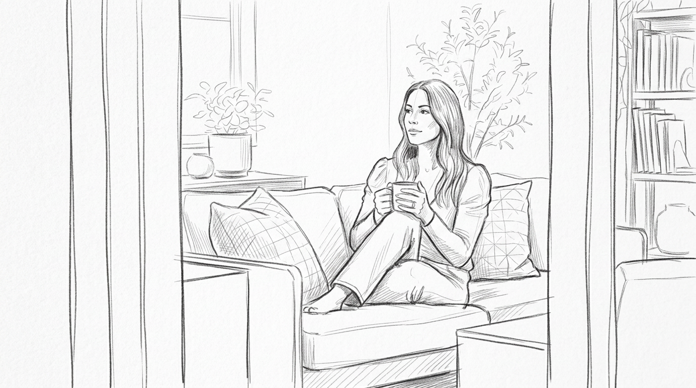 Reflective on the sofa with coffee, looking off — she made it through