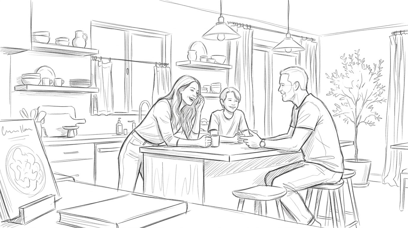 Medium-wide from inside the kitchen — family at the island, mid-conversation