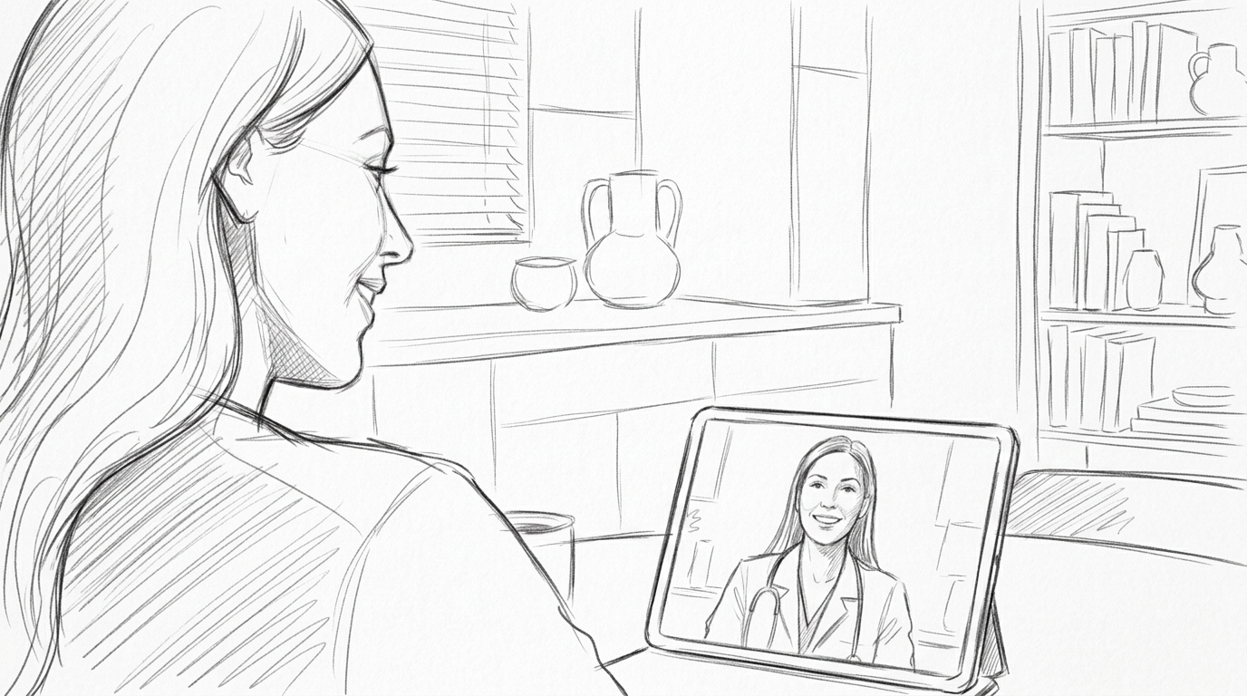 Over the shoulder — video call with LifeMD clinician on tablet, FaceTime feel